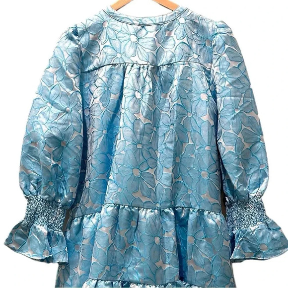 New Tuckernuck Pomander Place Blue Daisy Jacquard Kenzo Long Sleeve Mini Dress - Picture 8 of 14